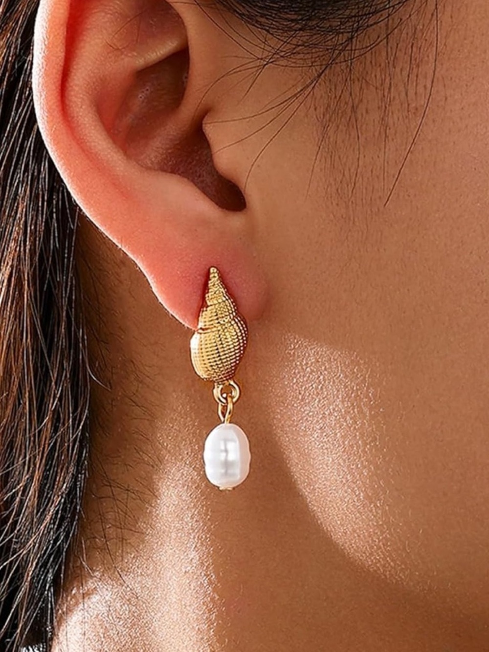 Anthropologie Gold Shell Earrings with White Pearl Drop